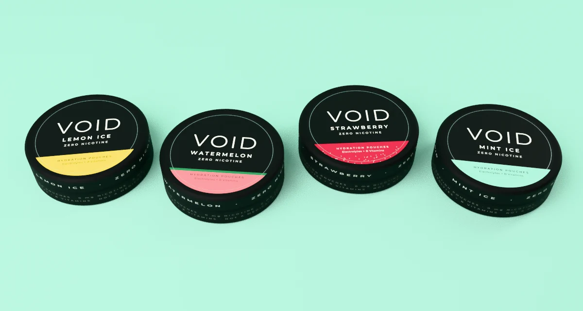 Four VOID cans in a row: Lemon Ice, Watermelon, Strawberry and Mint Ice.